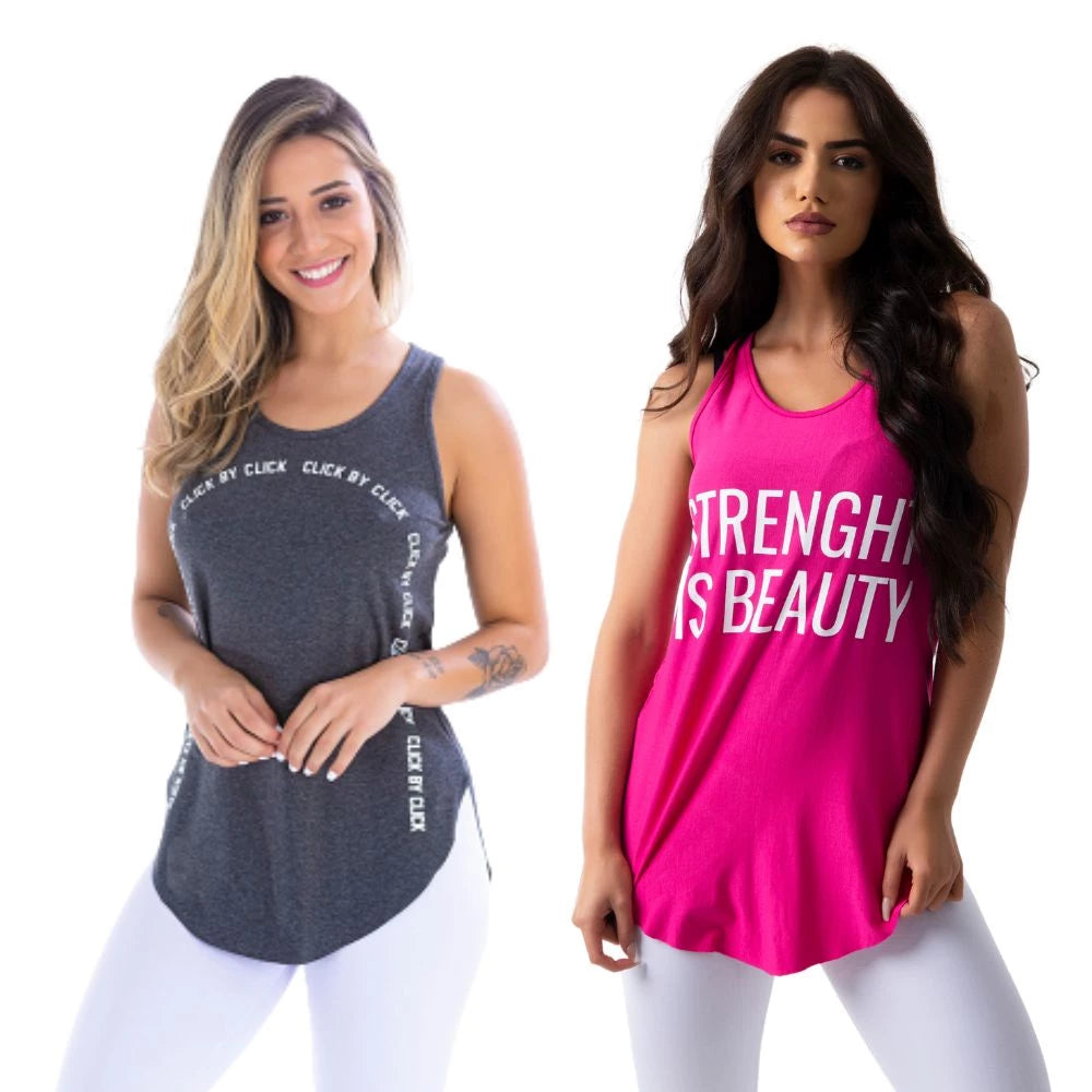Kit com 2 Camisetas Regatas Femininas Fitness Basicas Academia Mulher Crossfit Yoga Pilates