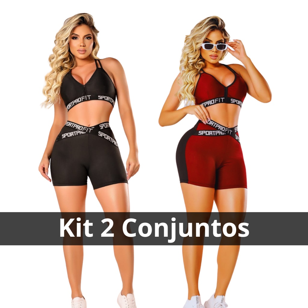 Kit 2 Conjuntos Fitness Feminino Top e Short Com Elástico