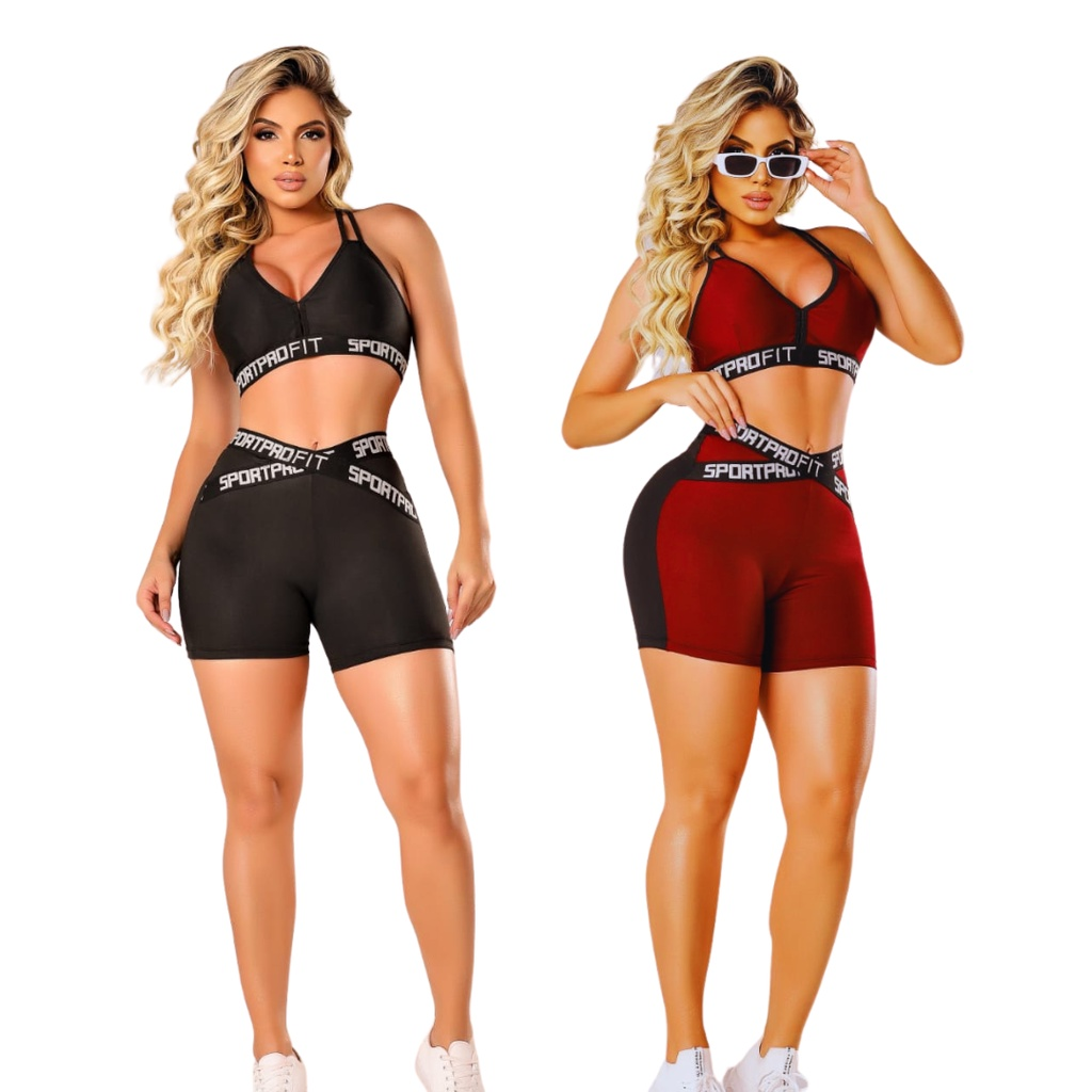 Kit 2 Conjuntos Fitness Feminino Top e Short Com Elástico