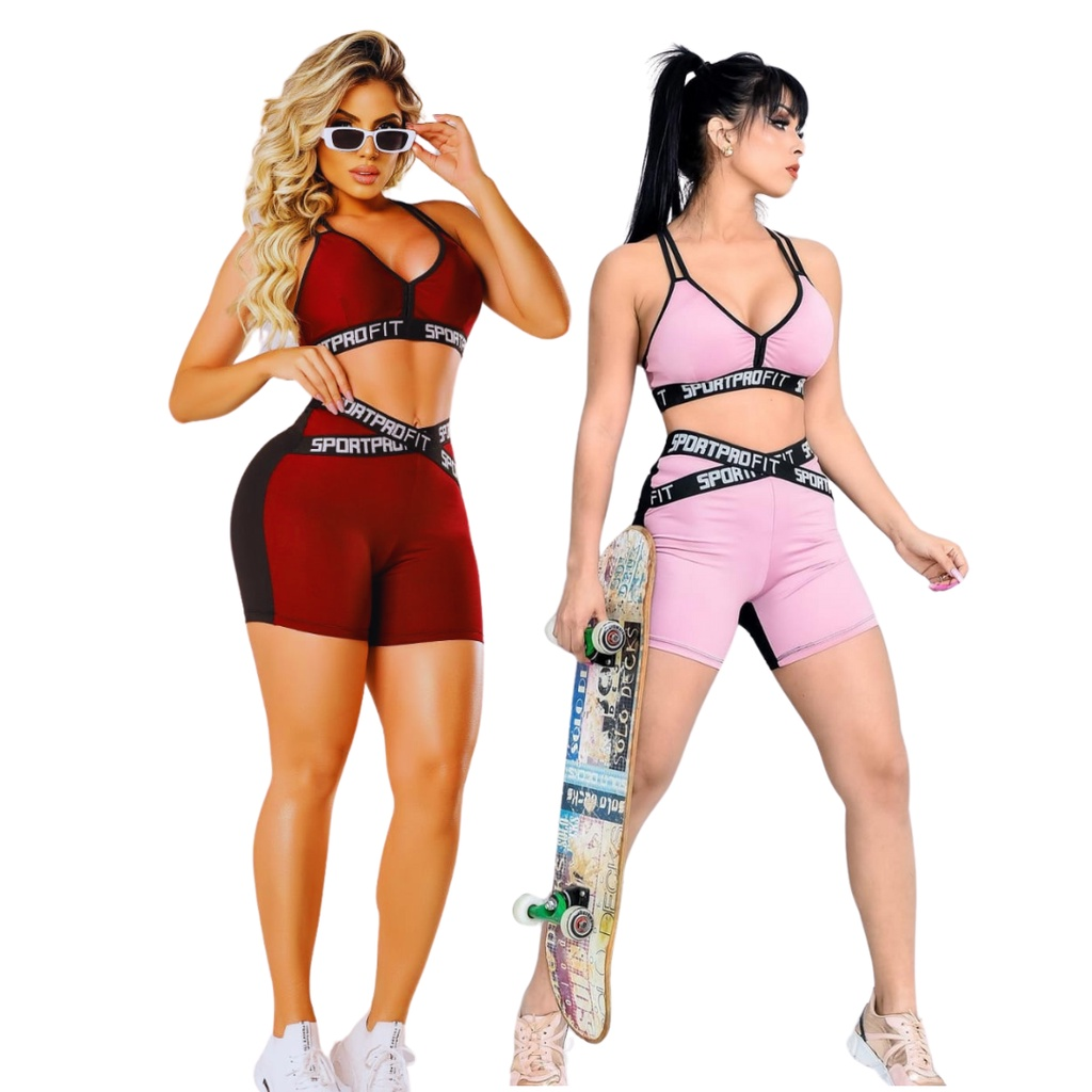 Kit 2 Conjuntos Fitness Feminino Top e Short Com Elástico