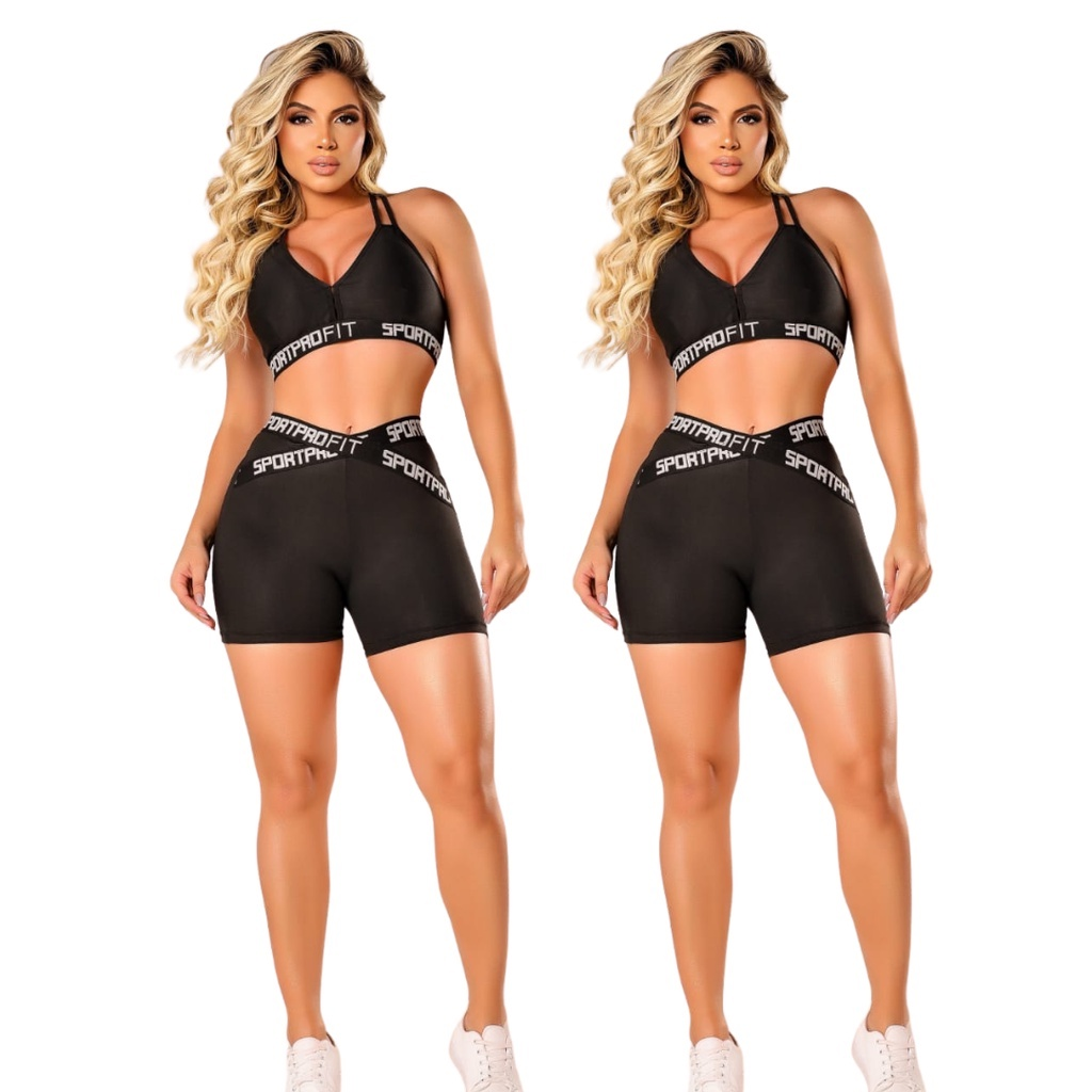 Kit 2 Conjuntos Fitness Feminino Top e Short Com Elástico