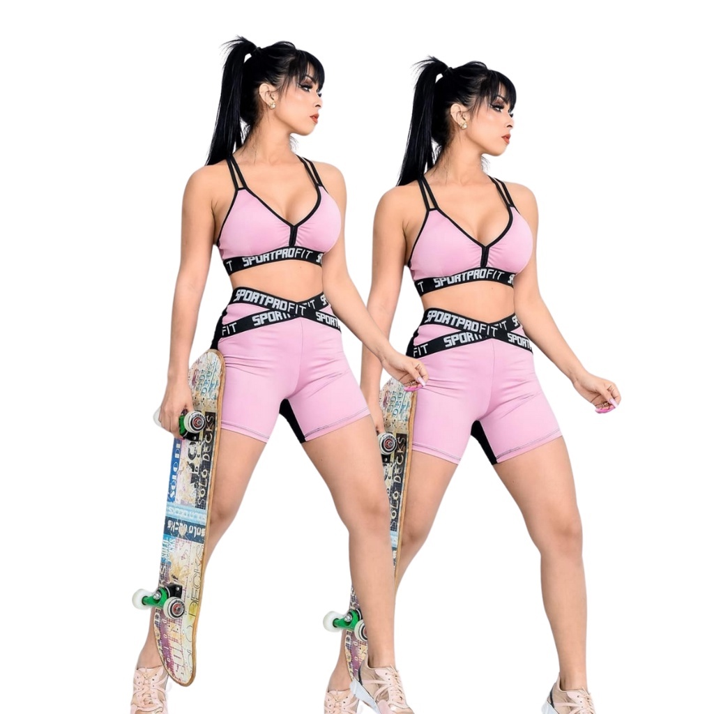 Kit 2 Conjuntos Fitness Feminino Top e Short Com Elástico