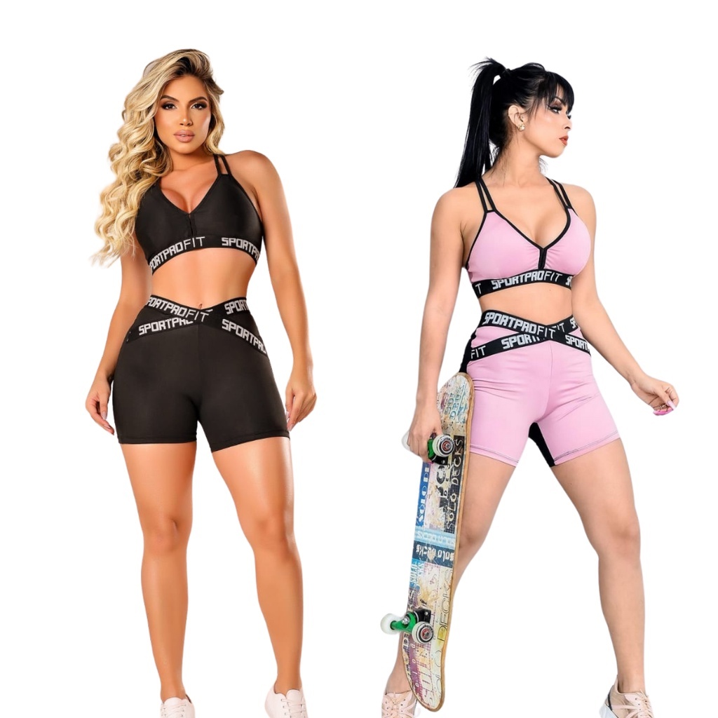 Kit 2 Conjuntos Fitness Feminino Top e Short Com Elástico