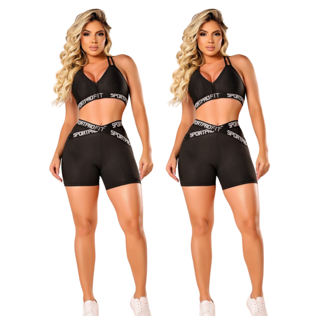 Kit 2 Conjuntos Fitness Feminino Top e Short Com Elástico