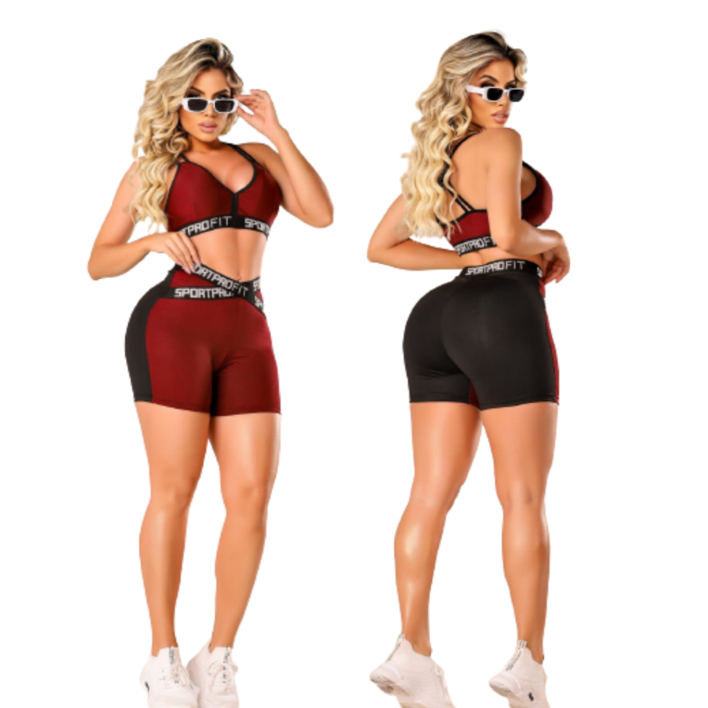 Kit 2 Conjuntos Fitness Feminino Top e Short Com Elástico