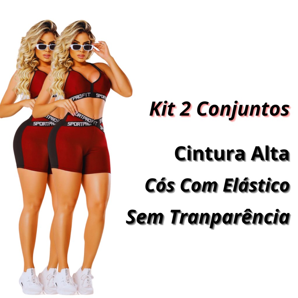 Kit 2 Conjuntos Fitness Feminino Top e Short Com Elástico