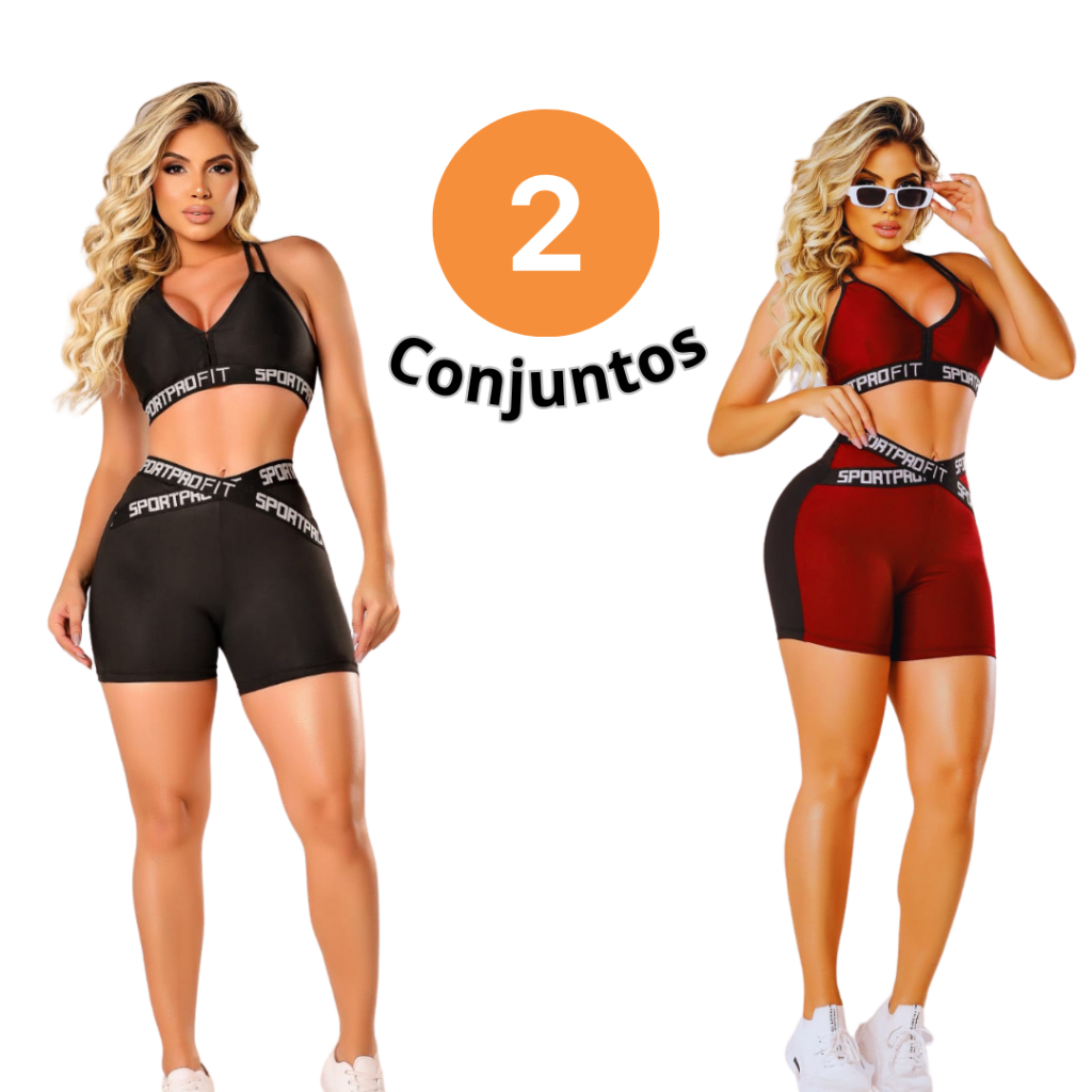 Kit 2 Conjuntos Fitness Feminino Top e Short Com Elástico