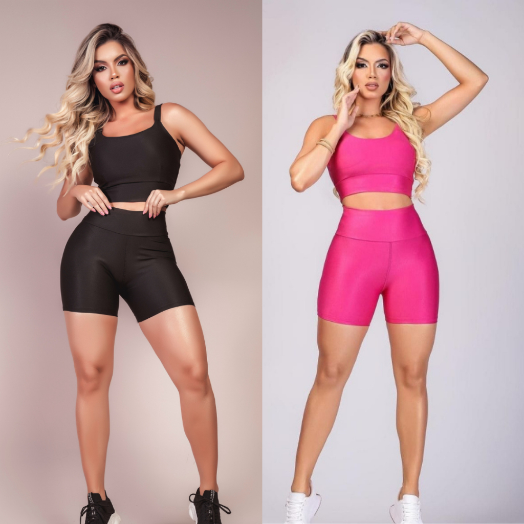 Kit 2 Conjunto Fitness Short e Cropped - Conjunto Academia Cintura Alta