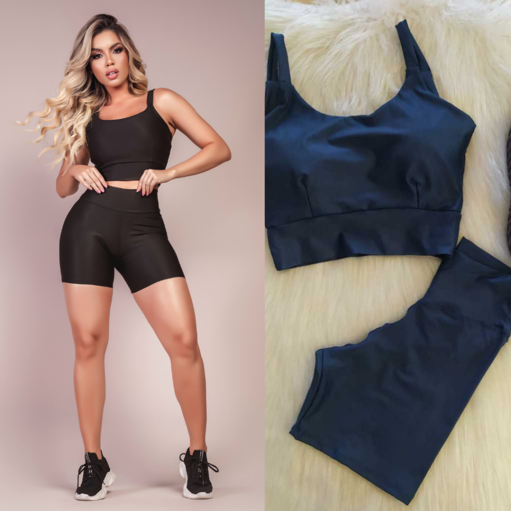 Kit 2 Conjunto Fitness Short e Cropped - Conjunto Academia Cintura Alta