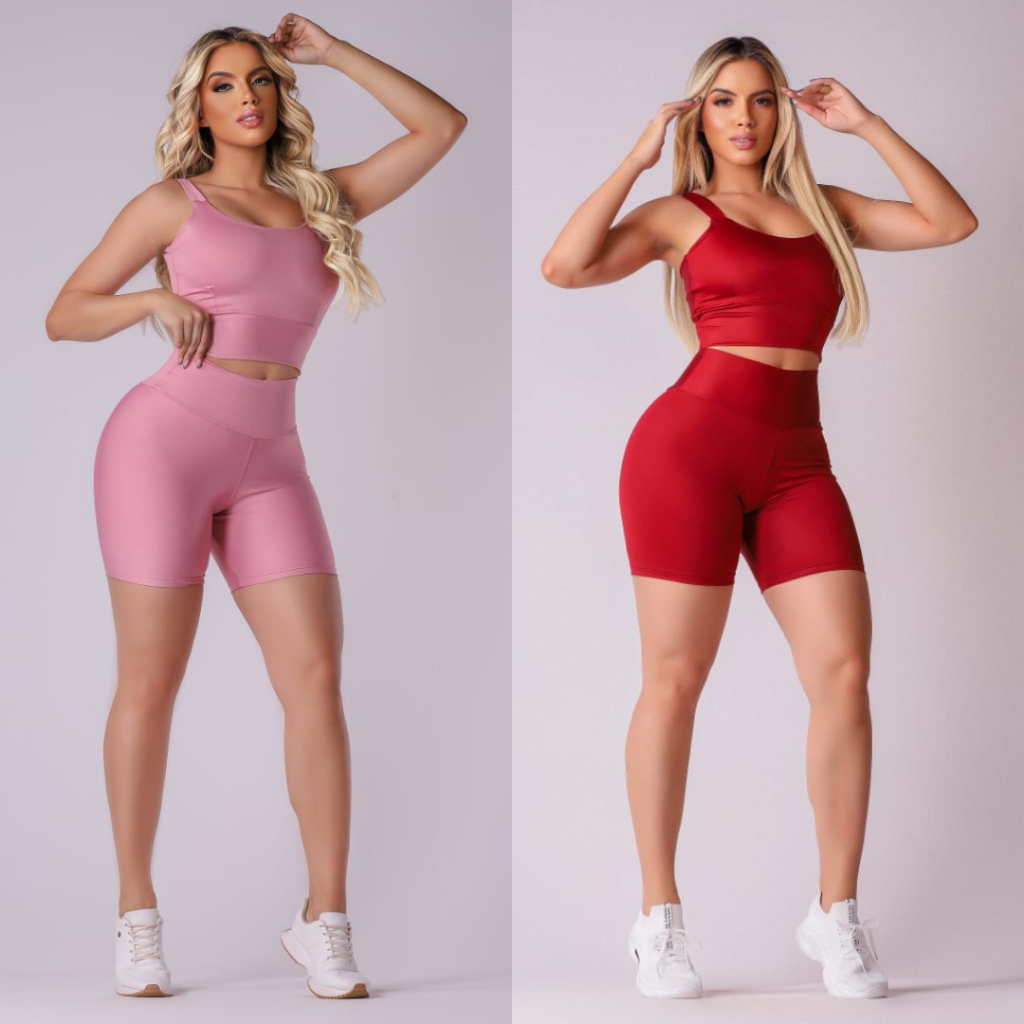 Kit 2 Conjunto Fitness Short e Cropped - Conjunto Academia Cintura Alta
