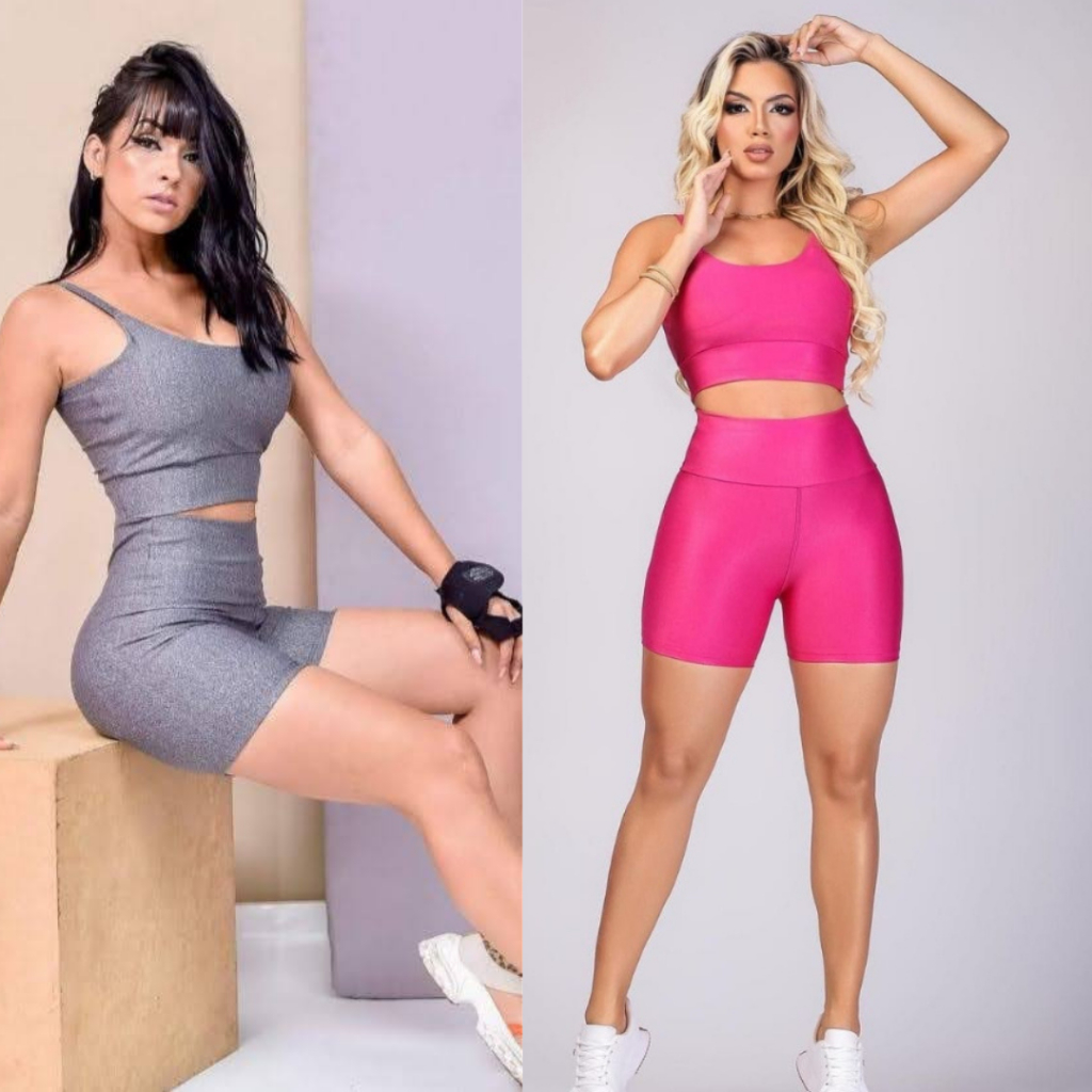 Kit 2 Conjunto Fitness Short e Cropped - Conjunto Academia Cintura Alta