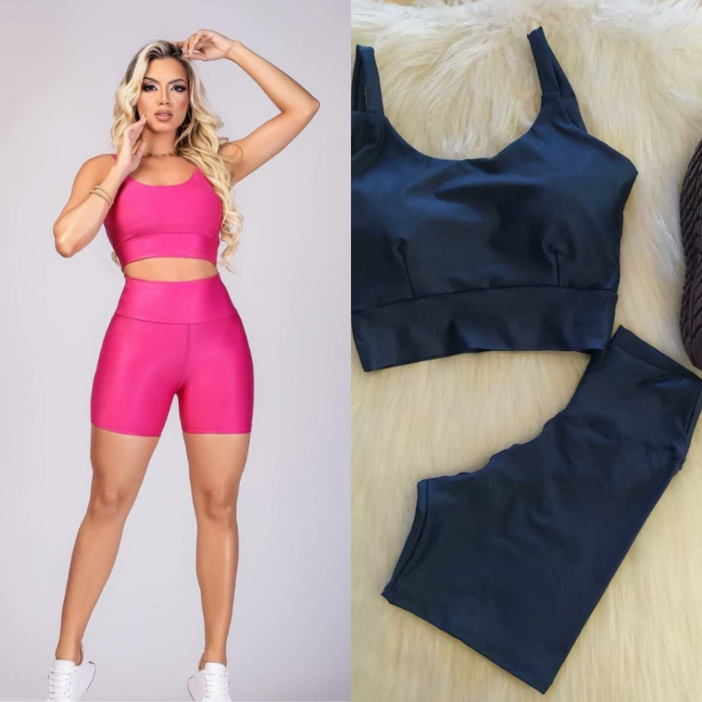 Kit 2 Conjunto Fitness Short e Cropped - Conjunto Academia Cintura Alta