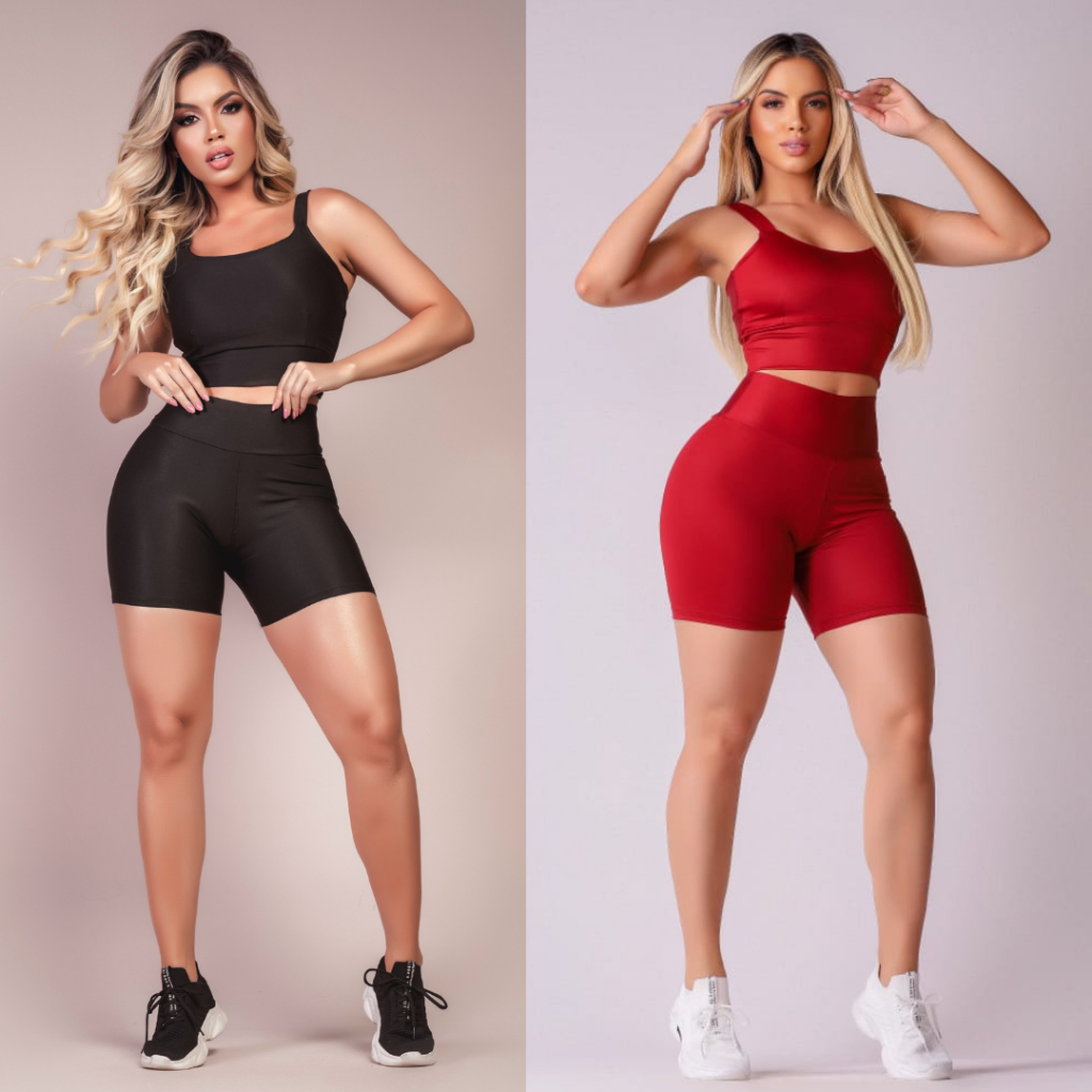Kit 2 Conjunto Fitness Short e Cropped - Conjunto Academia Cintura Alta