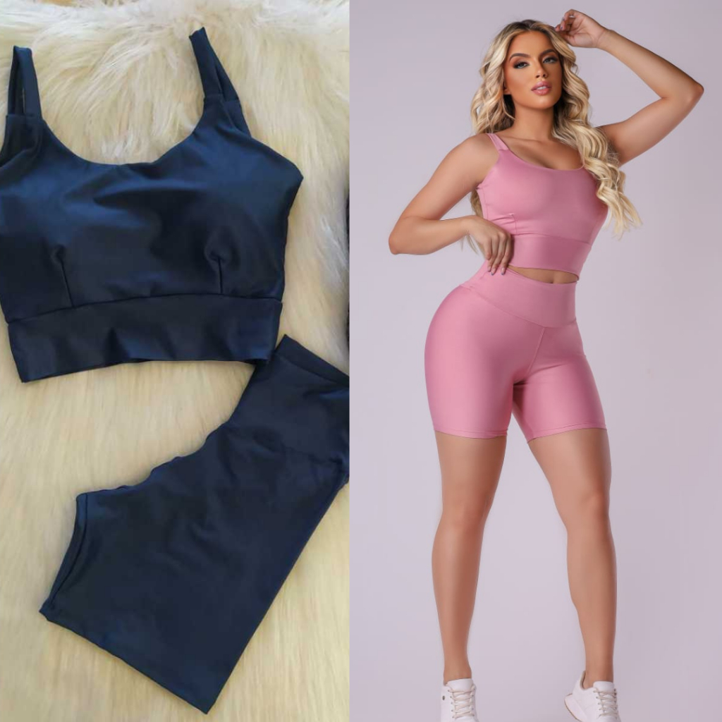 Kit 2 Conjunto Fitness Short e Cropped - Conjunto Academia Cintura Alta