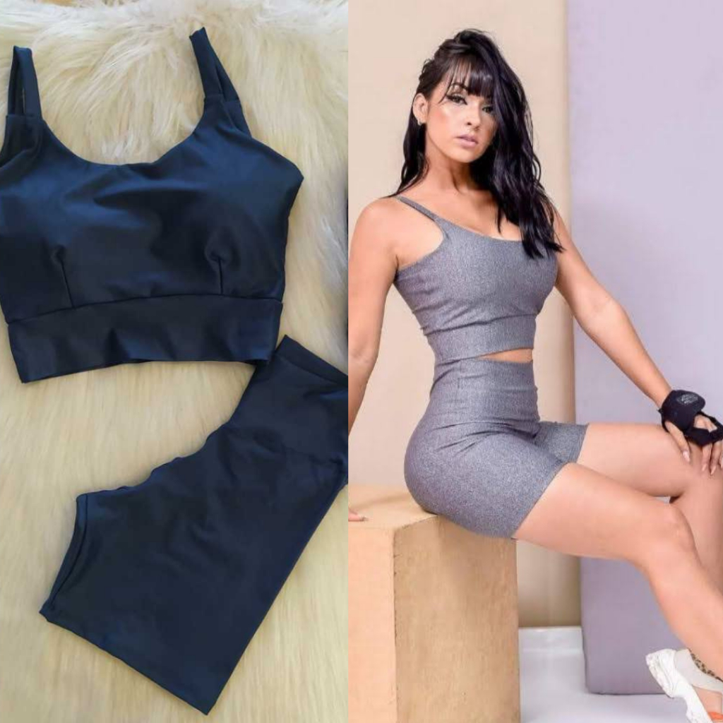 Kit 2 Conjunto Fitness Short e Cropped - Conjunto Academia Cintura Alta