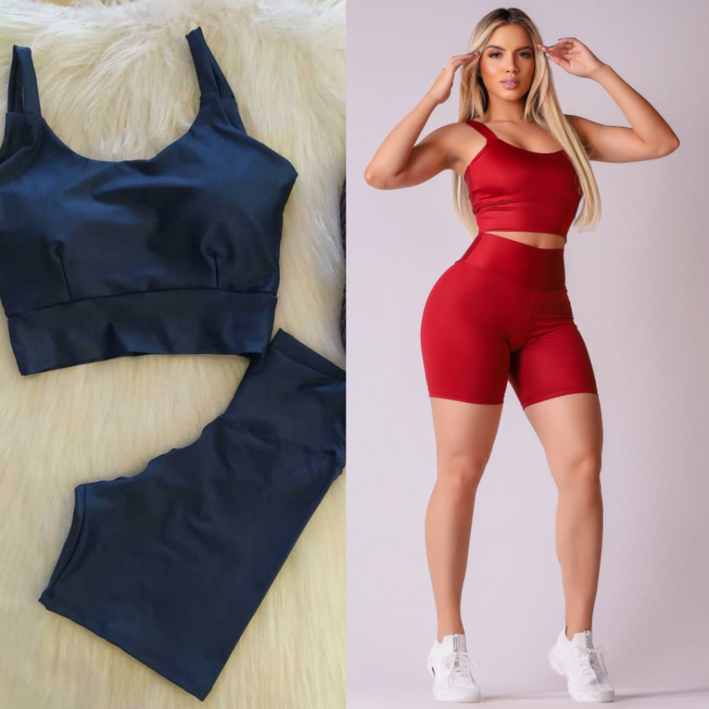 Kit 2 Conjunto Fitness Short e Cropped - Conjunto Academia Cintura Alta