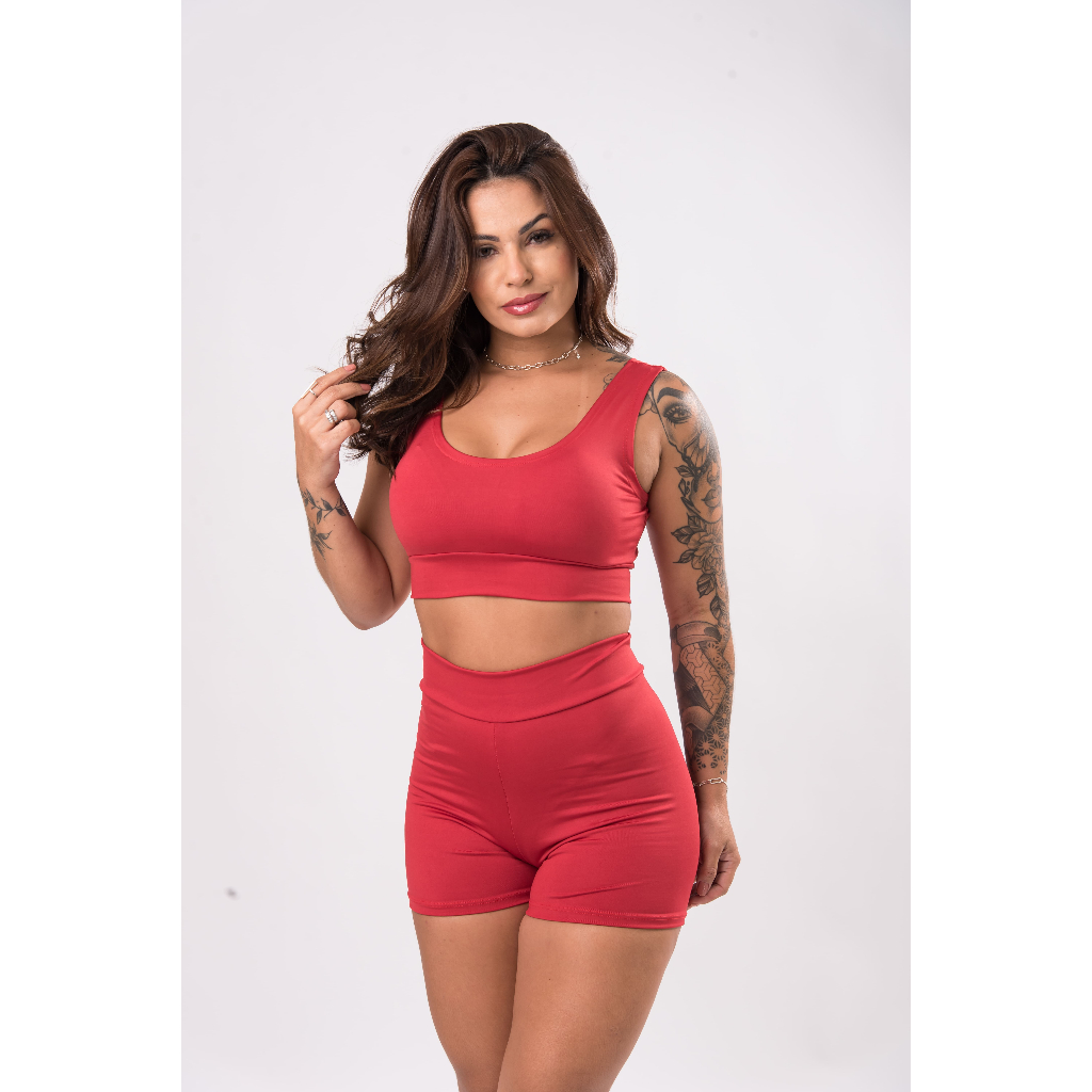 Conjunto Feminino para Academia – Short Cintura Alta + Top Sem Bojo (Tecido Suplex) FRETE GRÁTIS!
