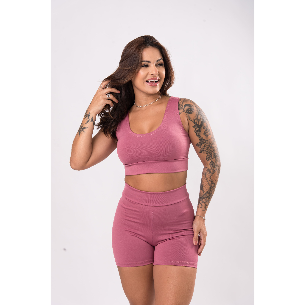 Conjunto Feminino para Academia – Short Cintura Alta + Top Sem Bojo (Tecido Suplex) FRETE GRÁTIS!
