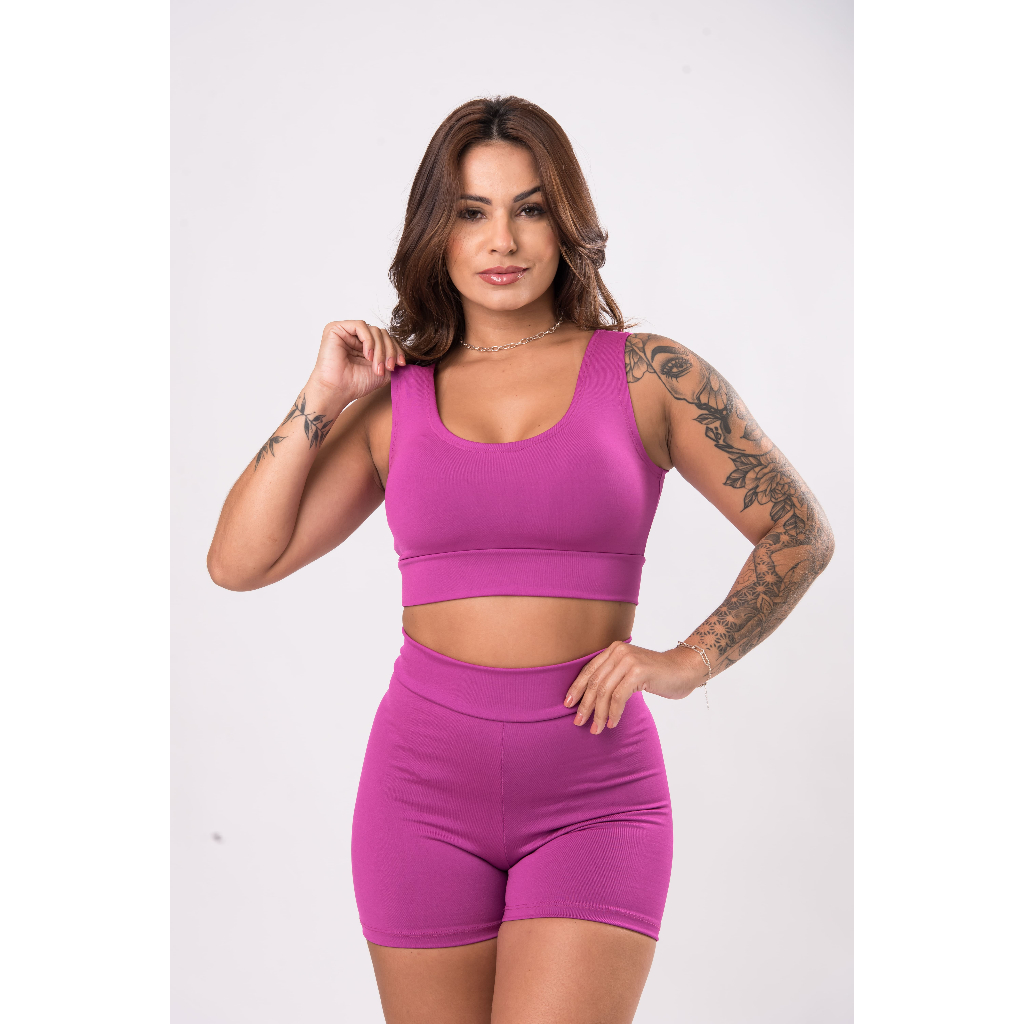 Conjunto Feminino para Academia – Short Cintura Alta + Top Sem Bojo (Tecido Suplex) FRETE GRÁTIS!