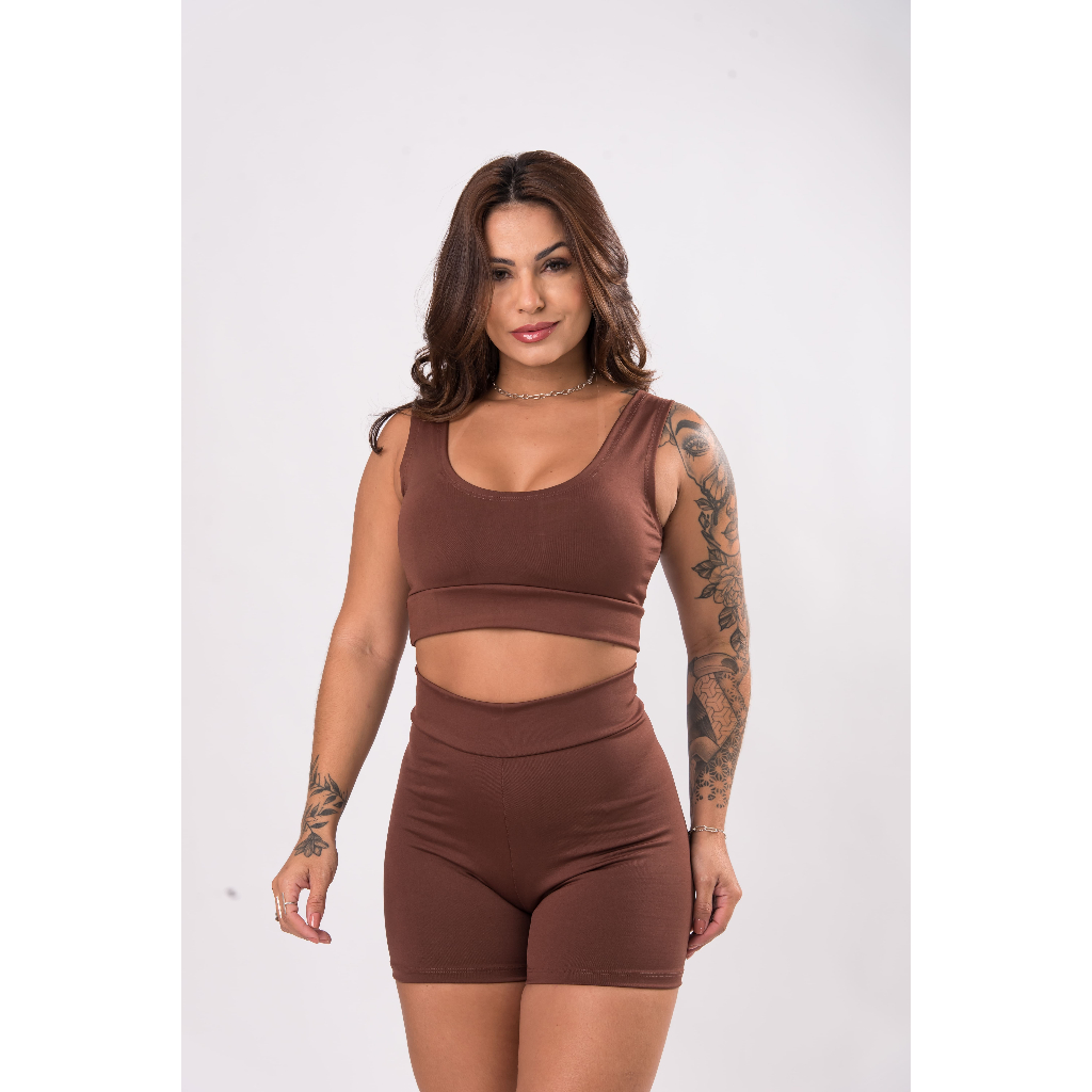 Conjunto Feminino para Academia – Short Cintura Alta + Top Sem Bojo (Tecido Suplex) FRETE GRÁTIS!