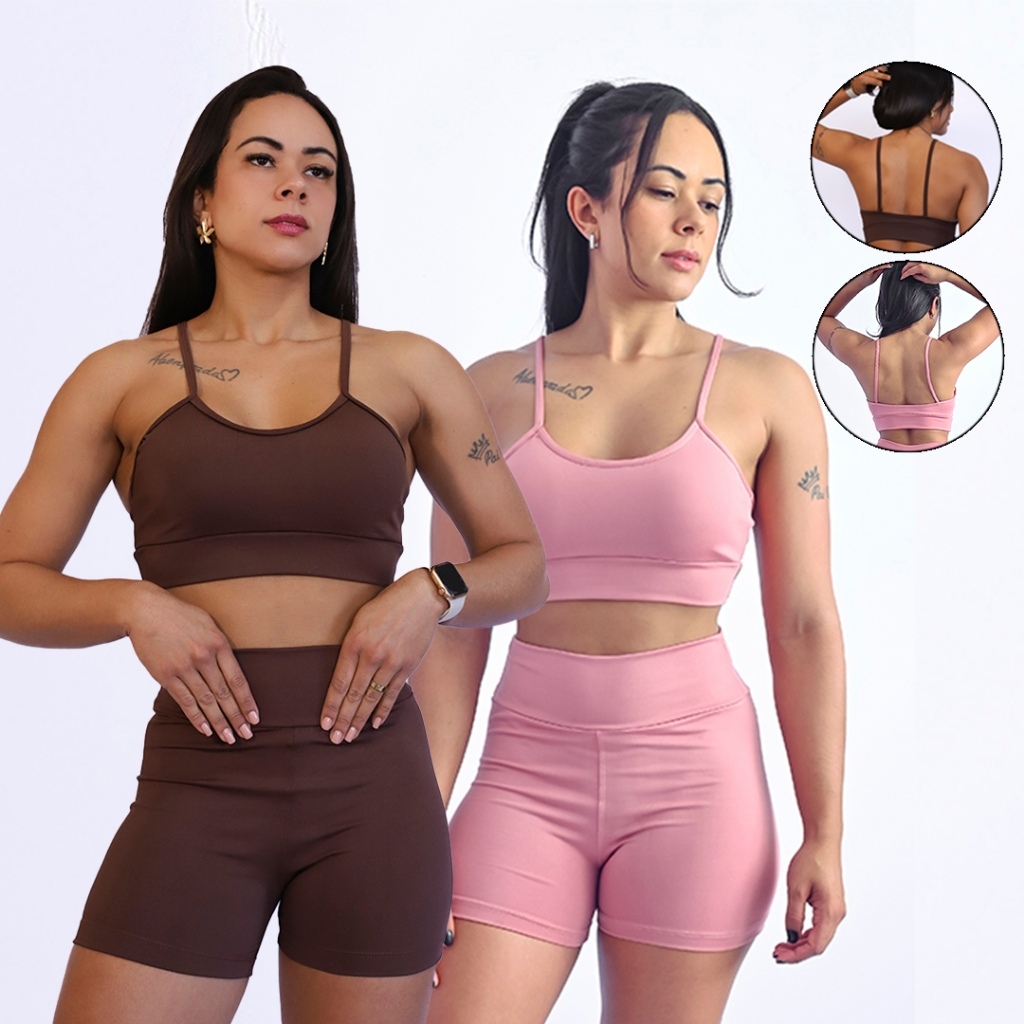 Kit 2 Conjuntos De Academia Feminino Short e Top Roupa Fitness Zero Transparência
