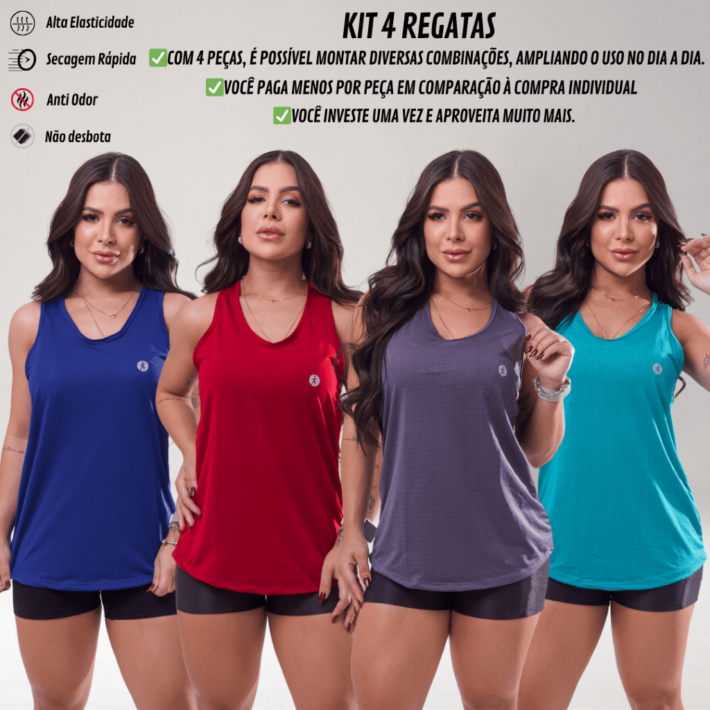 KIT 4 Regata Dry Fit Feminina Academia Costas Nadador Esportiva Lisa Treino Fitness Leve Treino Mais UNIDADE