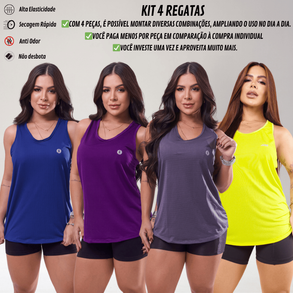 KIT 4 Regata Dry Fit Feminina Academia Costas Nadador Esportiva Lisa Treino Fitness Leve Treino Mais UNIDADE