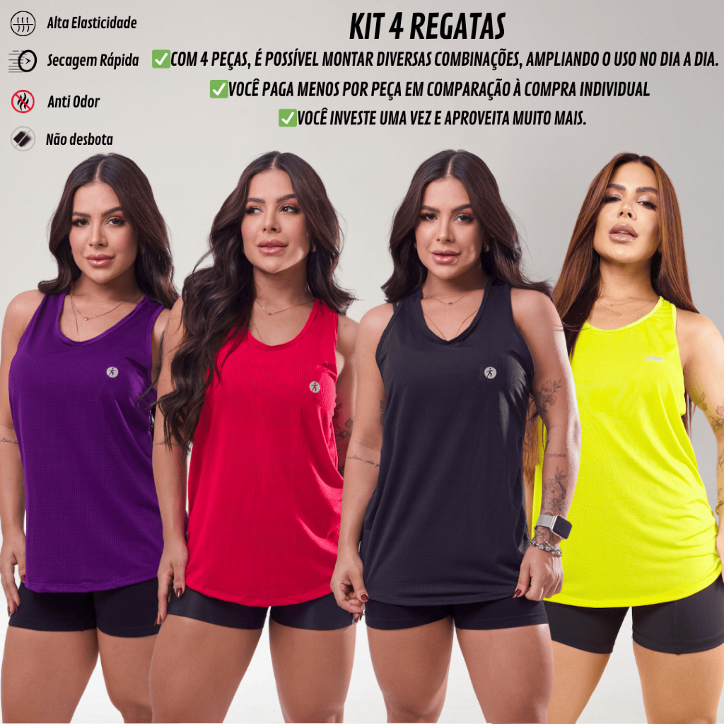 KIT 4 Regata Dry Fit Feminina Academia Costas Nadador Esportiva Lisa Treino Fitness Leve Treino Mais UNIDADE