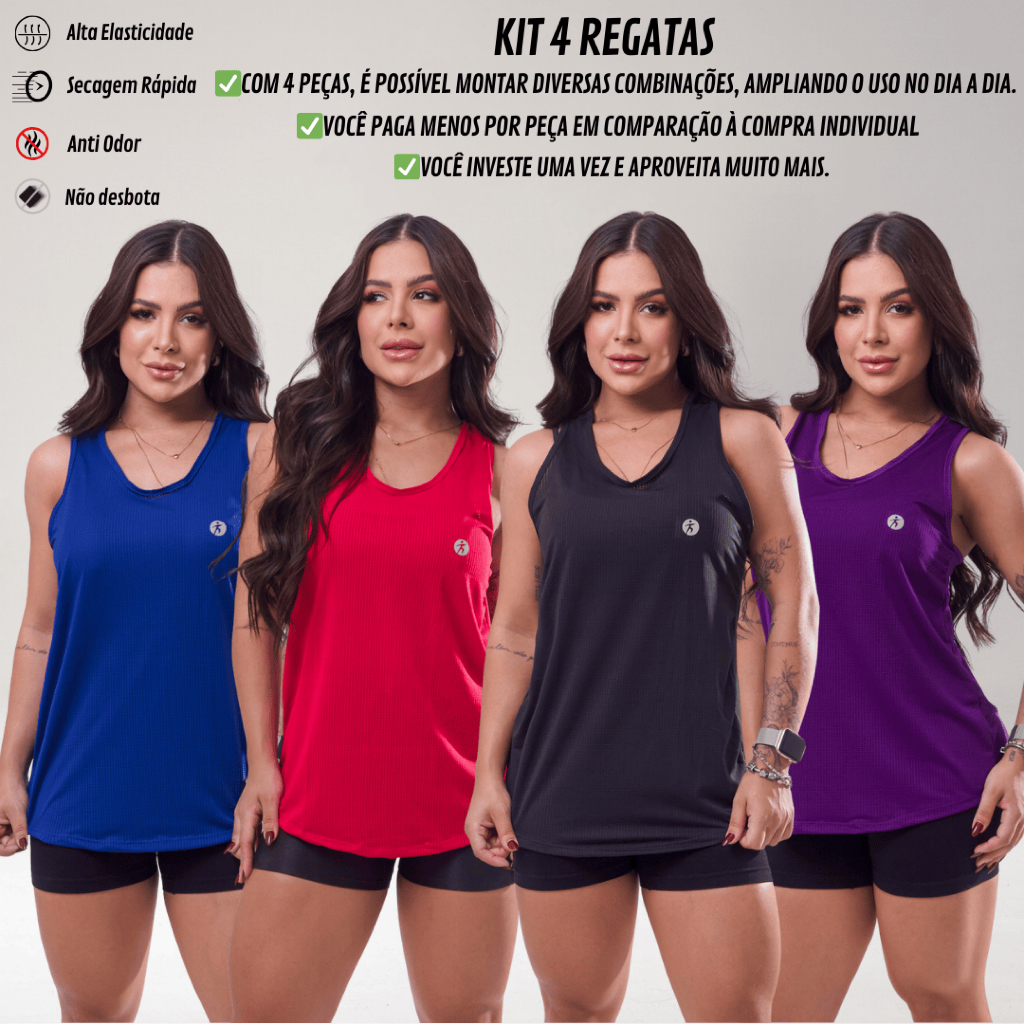 KIT 4 Regata Dry Fit Feminina Academia Costas Nadador Esportiva Lisa Treino Fitness Leve Treino Mais UNIDADE