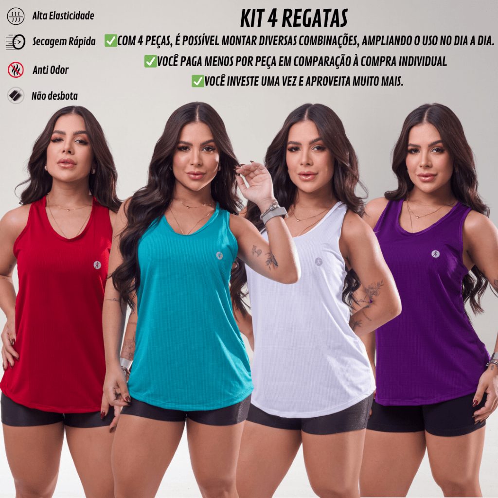 KIT 4 Regata Dry Fit Feminina Academia Costas Nadador Esportiva Lisa Treino Fitness Leve Treino Mais UNIDADE