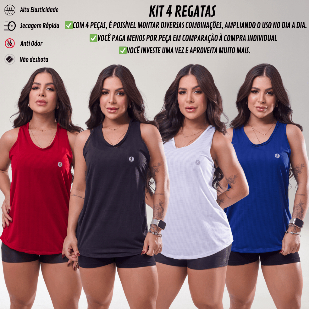 KIT 4 Regata Dry Fit Feminina Academia Costas Nadador Esportiva Lisa Treino Fitness Leve Treino Mais UNIDADE