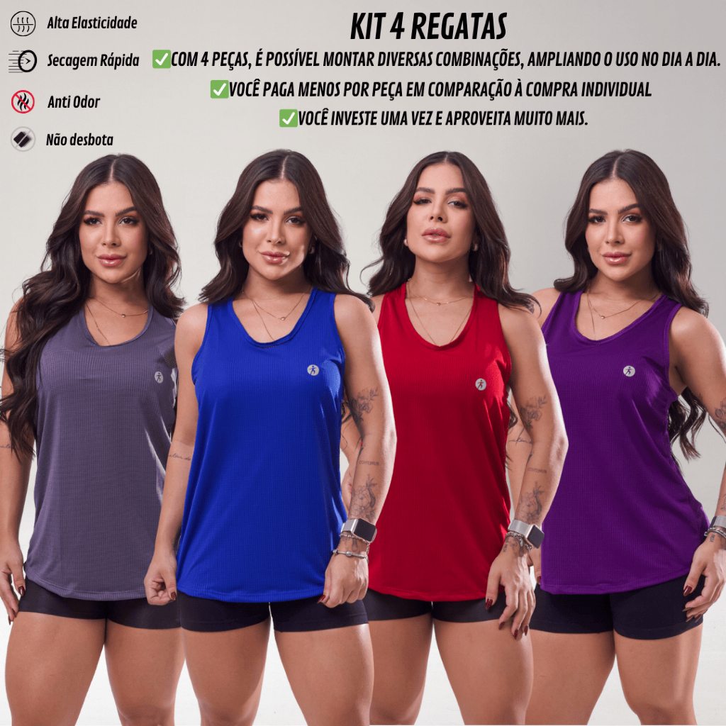 KIT 4 Regata Dry Fit Feminina Academia Costas Nadador Esportiva Lisa Treino Fitness Leve Treino Mais UNIDADE