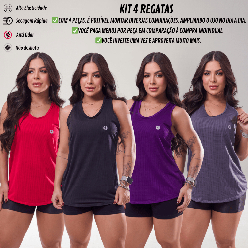 KIT 4 Regata Dry Fit Feminina Academia Costas Nadador Esportiva Lisa Treino Fitness Leve Treino Mais UNIDADE
