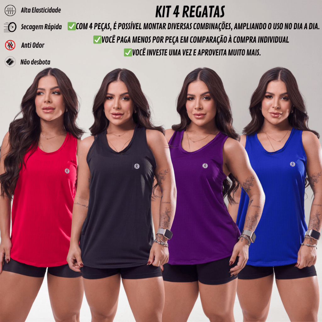 KIT 4 Regata Dry Fit Feminina Academia Costas Nadador Esportiva Lisa Treino Fitness Leve Treino Mais UNIDADE