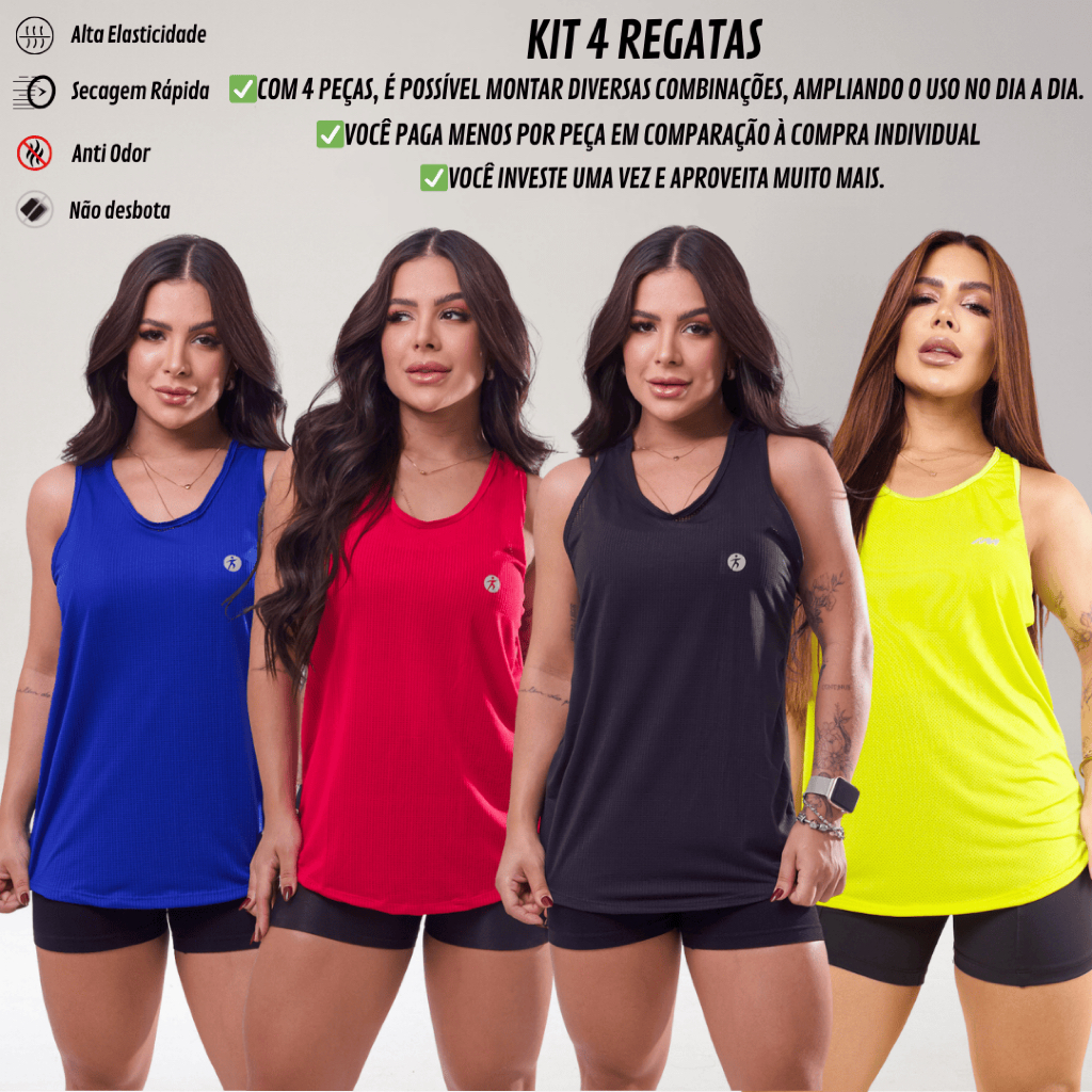 KIT 4 Regata Dry Fit Feminina Academia Costas Nadador Esportiva Lisa Treino Fitness Leve Treino Mais UNIDADE