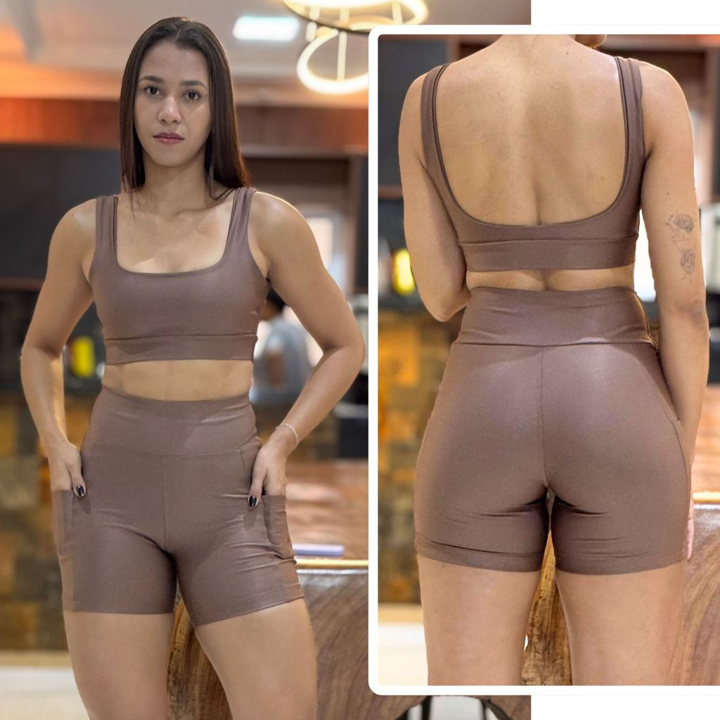 Conjunto de Academia Feminino Short com Bolso Zero Transparência e Cintura Alta + Top com Forro Duplo