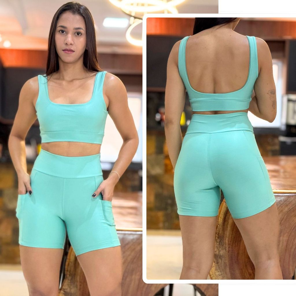 Conjunto de Academia Feminino Short com Bolso Zero Transparência e Cintura Alta + Top com Forro Duplo