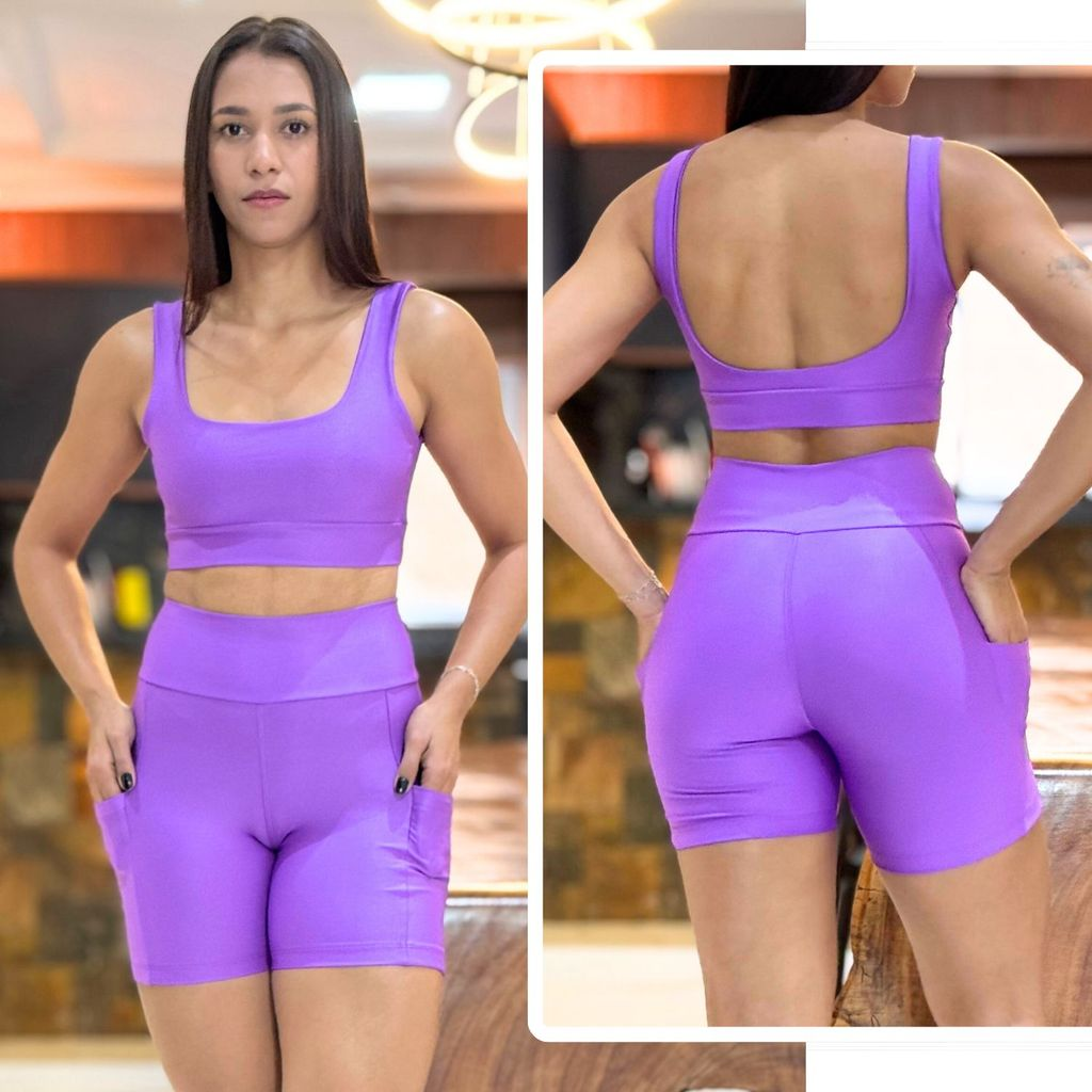 Conjunto de Academia Feminino Short com Bolso Zero Transparência e Cintura Alta + Top com Forro Duplo