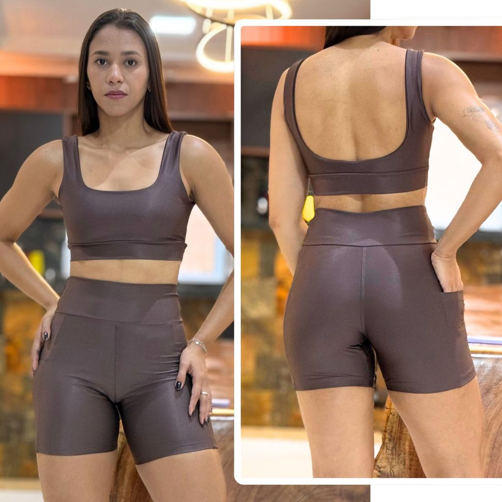 Conjunto de Academia Feminino Short com Bolso Zero Transparência e Cintura Alta + Top com Forro Duplo