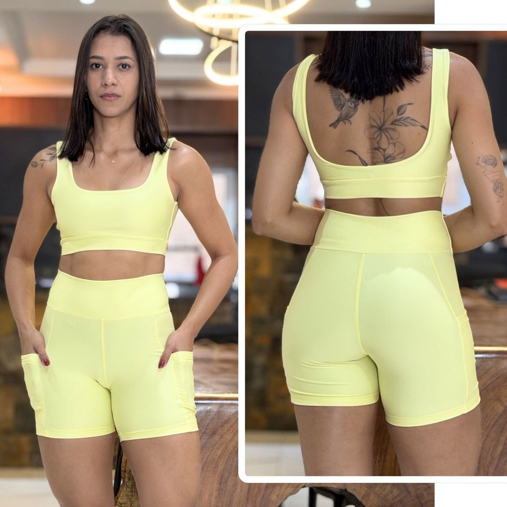 Conjunto de Academia Feminino Short com Bolso Zero Transparência e Cintura Alta + Top com Forro Duplo
