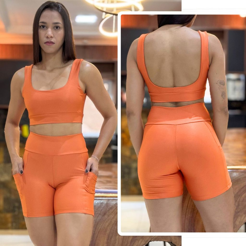 Conjunto de Academia Feminino Short com Bolso Zero Transparência e Cintura Alta + Top com Forro Duplo
