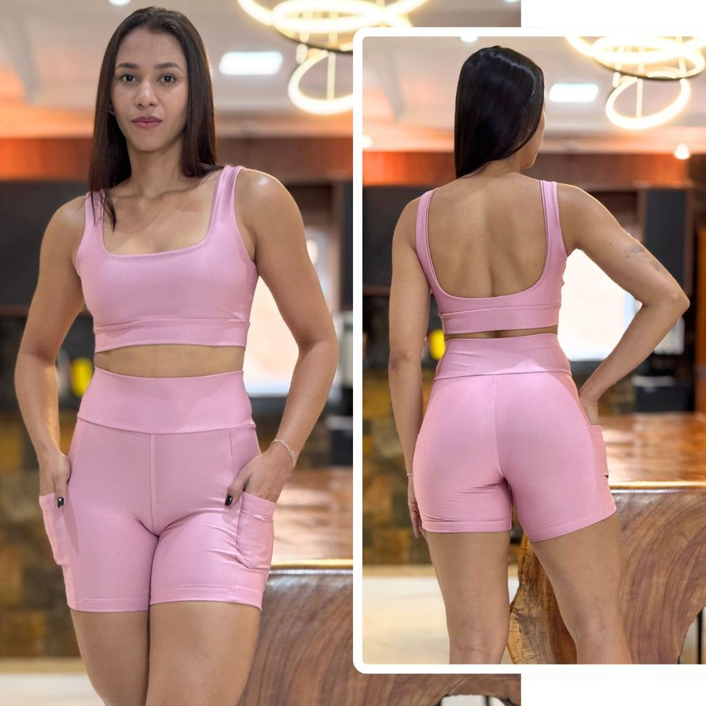 Conjunto de Academia Feminino Short com Bolso Zero Transparência e Cintura Alta + Top com Forro Duplo