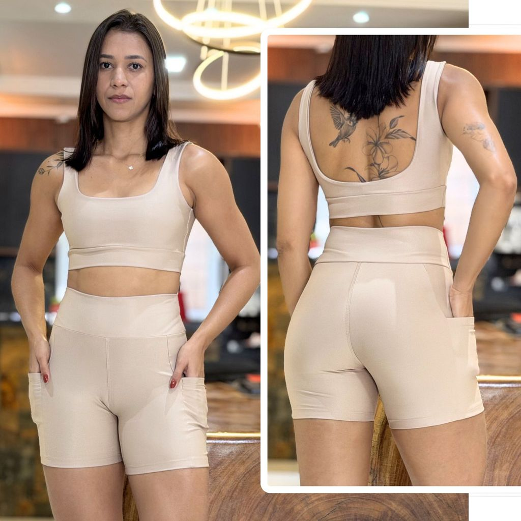 Conjunto de Academia Feminino Short com Bolso Zero Transparência e Cintura Alta + Top com Forro Duplo