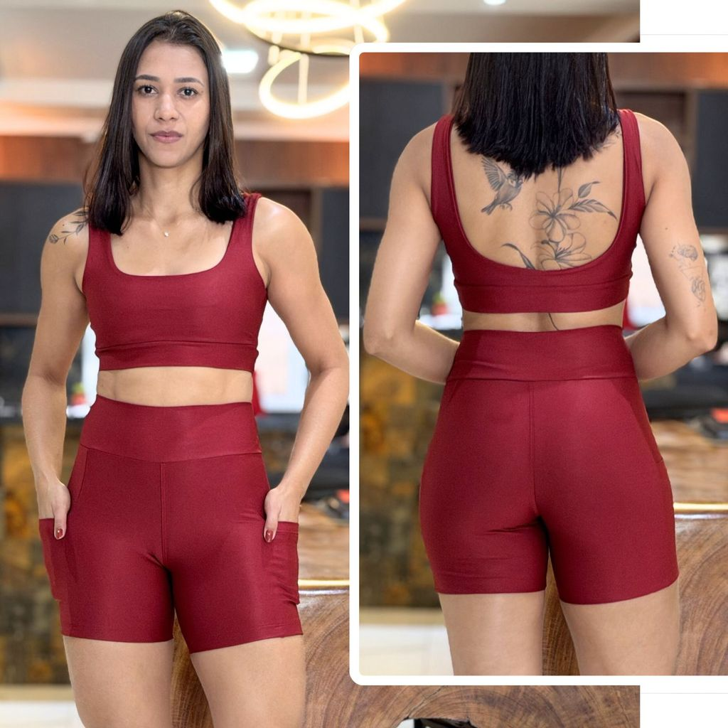 Conjunto de Academia Feminino Short com Bolso Zero Transparência e Cintura Alta + Top com Forro Duplo