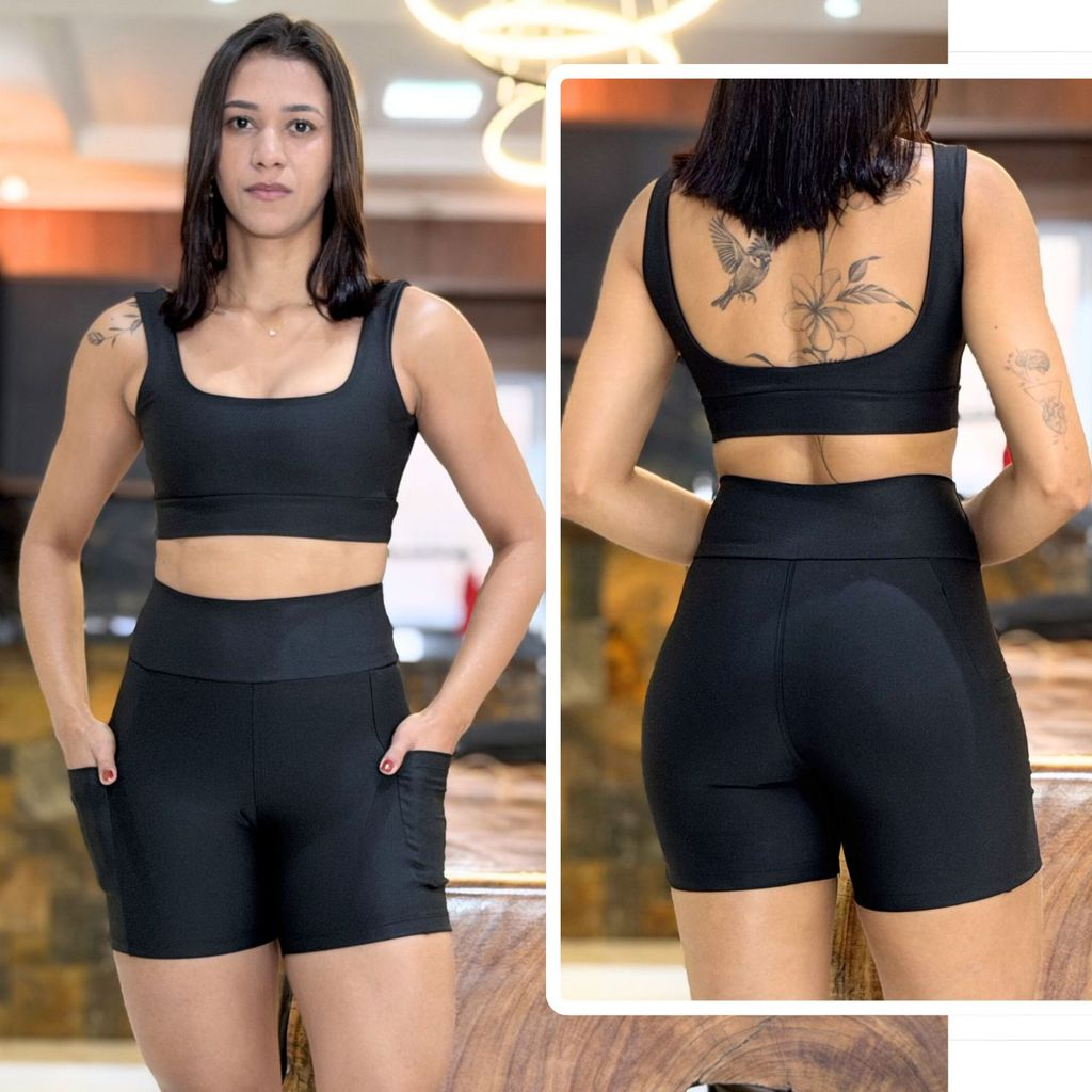 Conjunto de Academia Feminino Short com Bolso Zero Transparência e Cintura Alta + Top com Forro Duplo