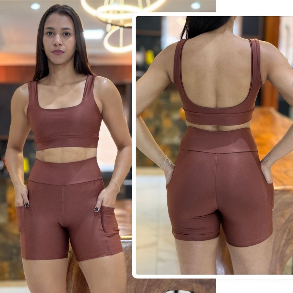 Conjunto de Academia Feminino Short com Bolso Zero Transparência e Cintura Alta + Top com Forro Duplo